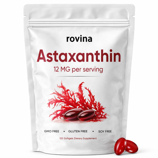 ROVINA Astaxanthin 12mg softgel bottle with compact capsules for daily use