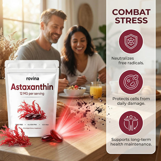 Close-up of ROVINA Astaxanthin softgel capsules highlighting premium formula