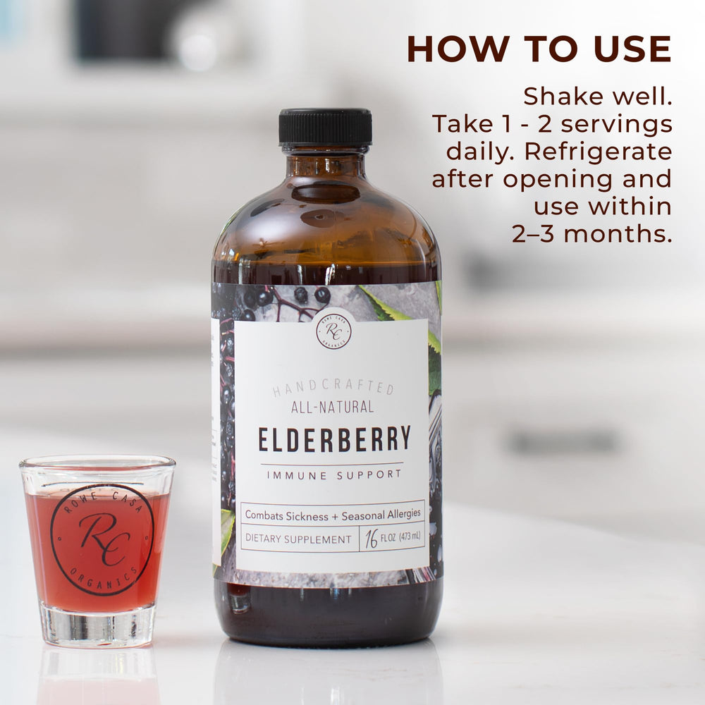 Rowe Casa Organics Elderberry Syrup bottle with family-friendly dosing for adults.