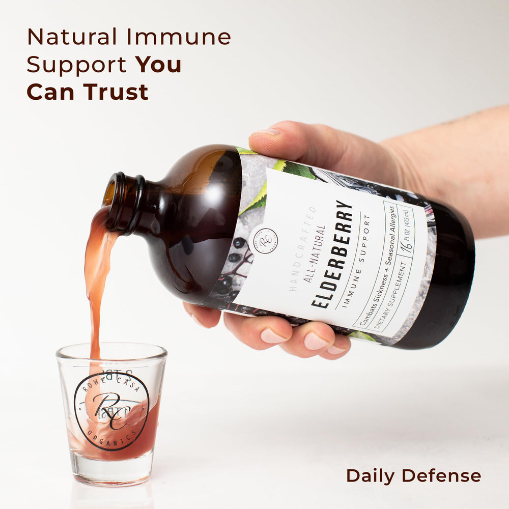 Rowe Casa Organics Elderberry Syrup on kitchen counter for daily use.