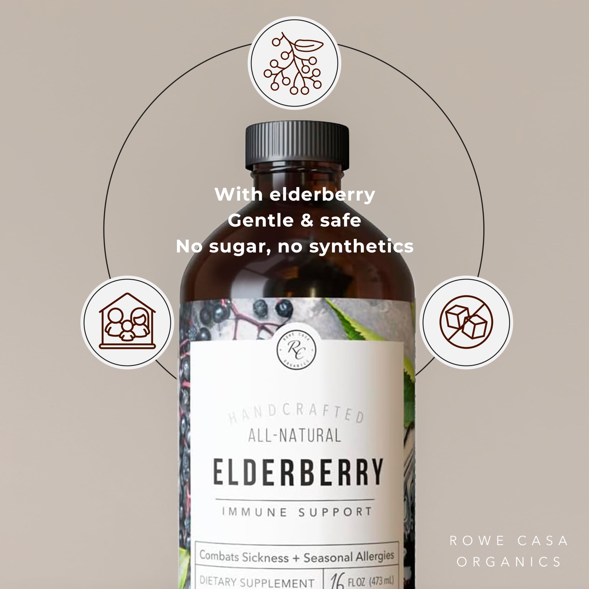 Rowe Casa Organics Elderberry Syrup pour showing easy dosing for kids.