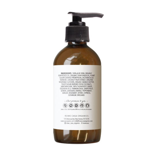Rowe Casa Organics Lymphatic Lotion label close-up highlighting therapeutic-grade essential oils.
