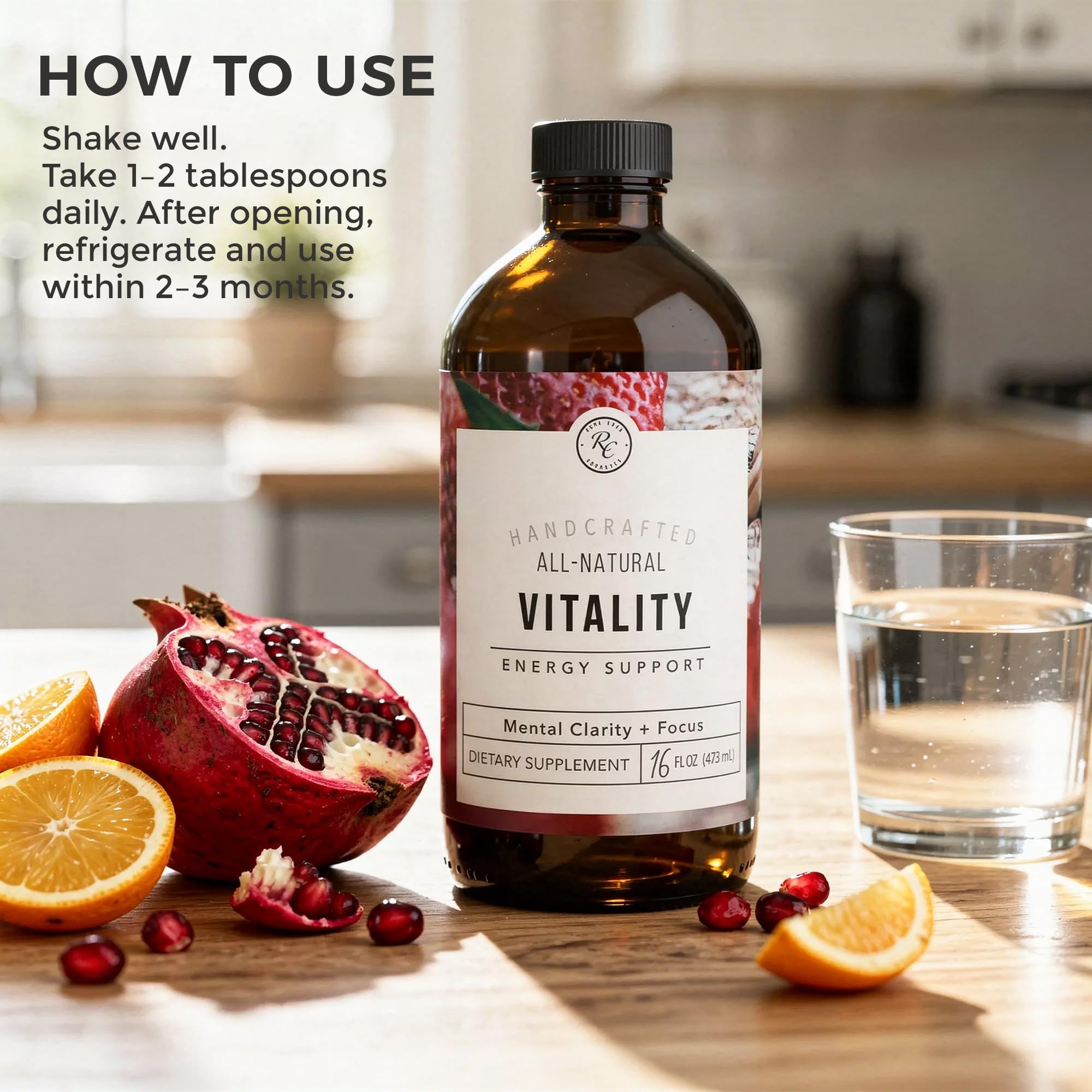 Pouring Rowe Casa Vitality into a glass for steady energy.