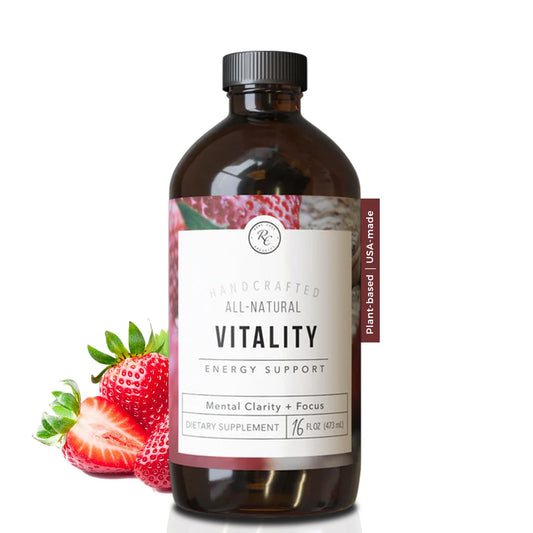 Rowe Casa Vitality Energy bottle on desk, providing natural energy support for focus.