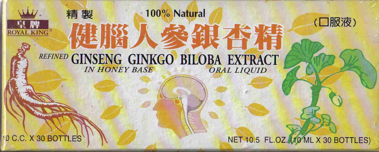 Royal King ginseng-ginkgo extract oral liquid bottle on display, honey-based flavor ideal for daily routine.