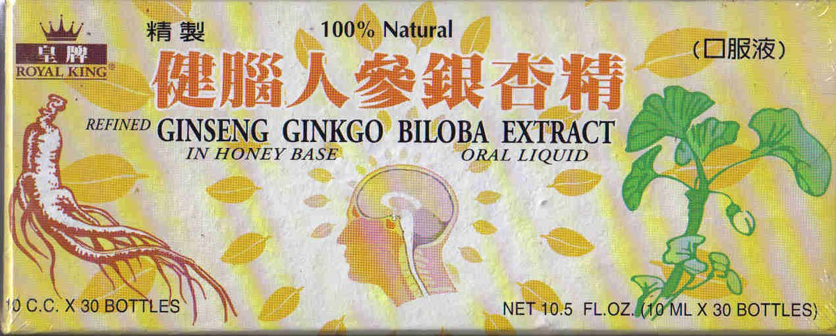 Royal King ginseng-ginkgo extract oral liquid bottle on display, honey-based flavor ideal for daily routine.