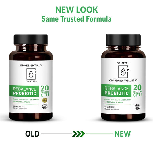 Royal-Organica Omissandi Rebalance capsules close-up highlighting 12 probiotic strains.