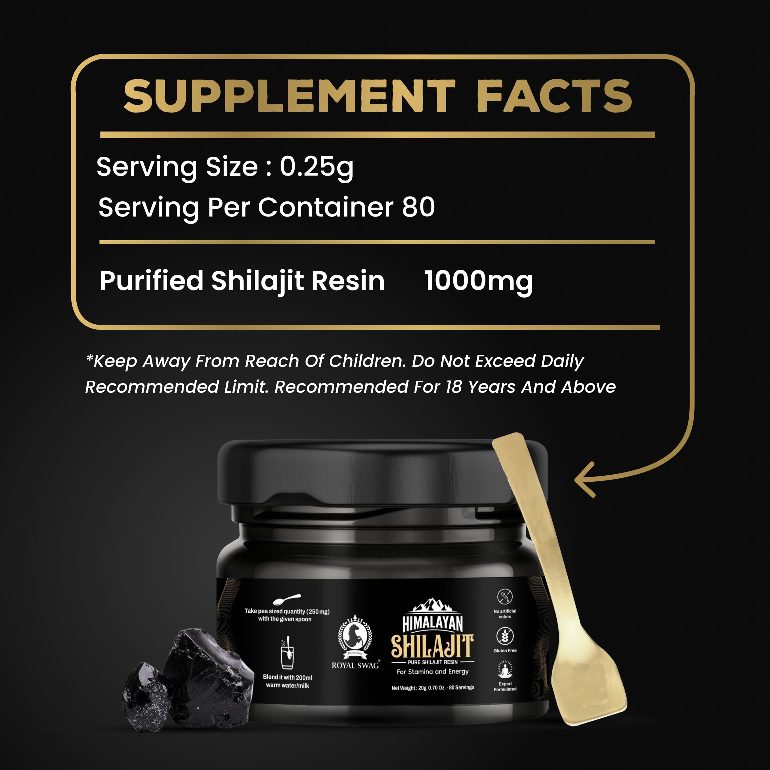 ROYAL SWAG Gluten-free Shilajit formula with no artificial colours.