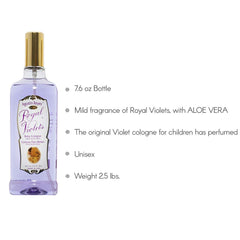 Royal Violets bottle with cap and branding suggests long-lasting scent.