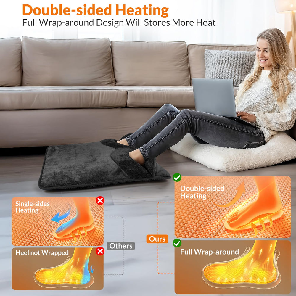 ROZEEYUU foot warmer showing rapid warming to comfort feet quickly.
