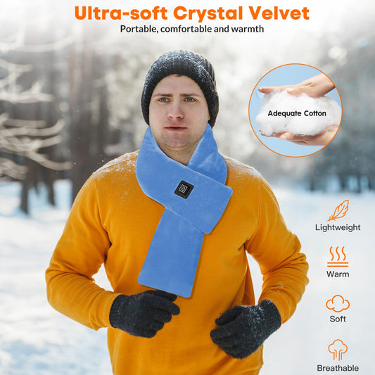 ROZEEYUU sky-blue neck heating wrap worn on the neck for on-the-go comfort.