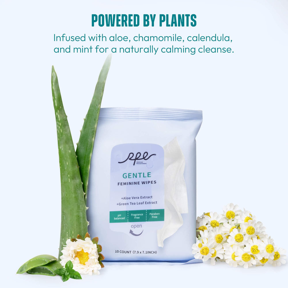 RPE Life Portable Feminine Wipes in purse-size packaging for quick refresh.