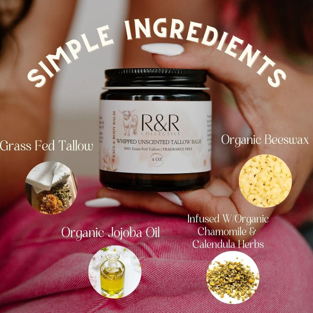R&R Collective grass-fed tallow ingredients highlight vitamins A, D, E.