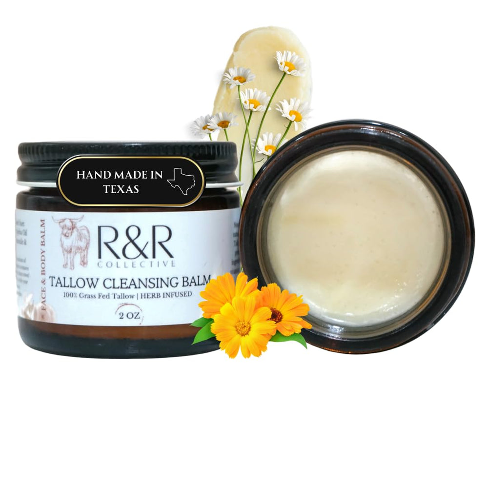 R&R Collective Tallow Cleansing Balm jar close-up for gentle makeup removal