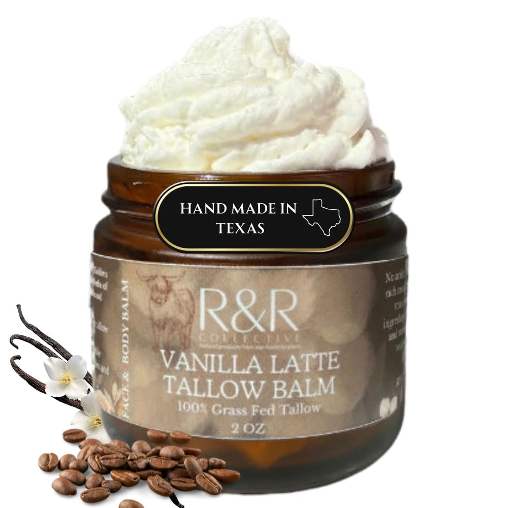 R&R Collective Vanilla Latte Tallow Face Moisturizer jar shows a whipped texture ideal for dry skin.
