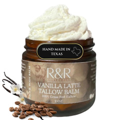 R&R Collective Vanilla Latte Tallow Face Moisturizer jar shows a whipped texture ideal for dry skin.