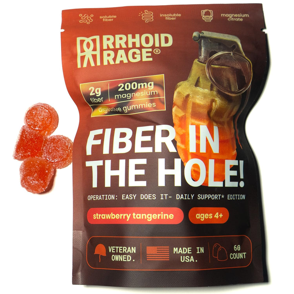 Rrhoid Rage bottle front shows USA-made fiber and magnesium gummies for daily digestive support.