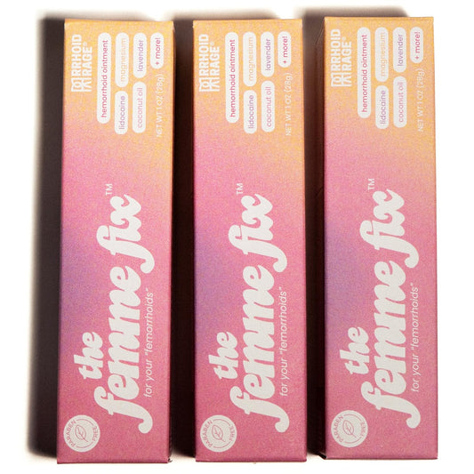 Rrhoid Rage Femme Fix cream tube—targeted relief for sensitive postpartum comfort.