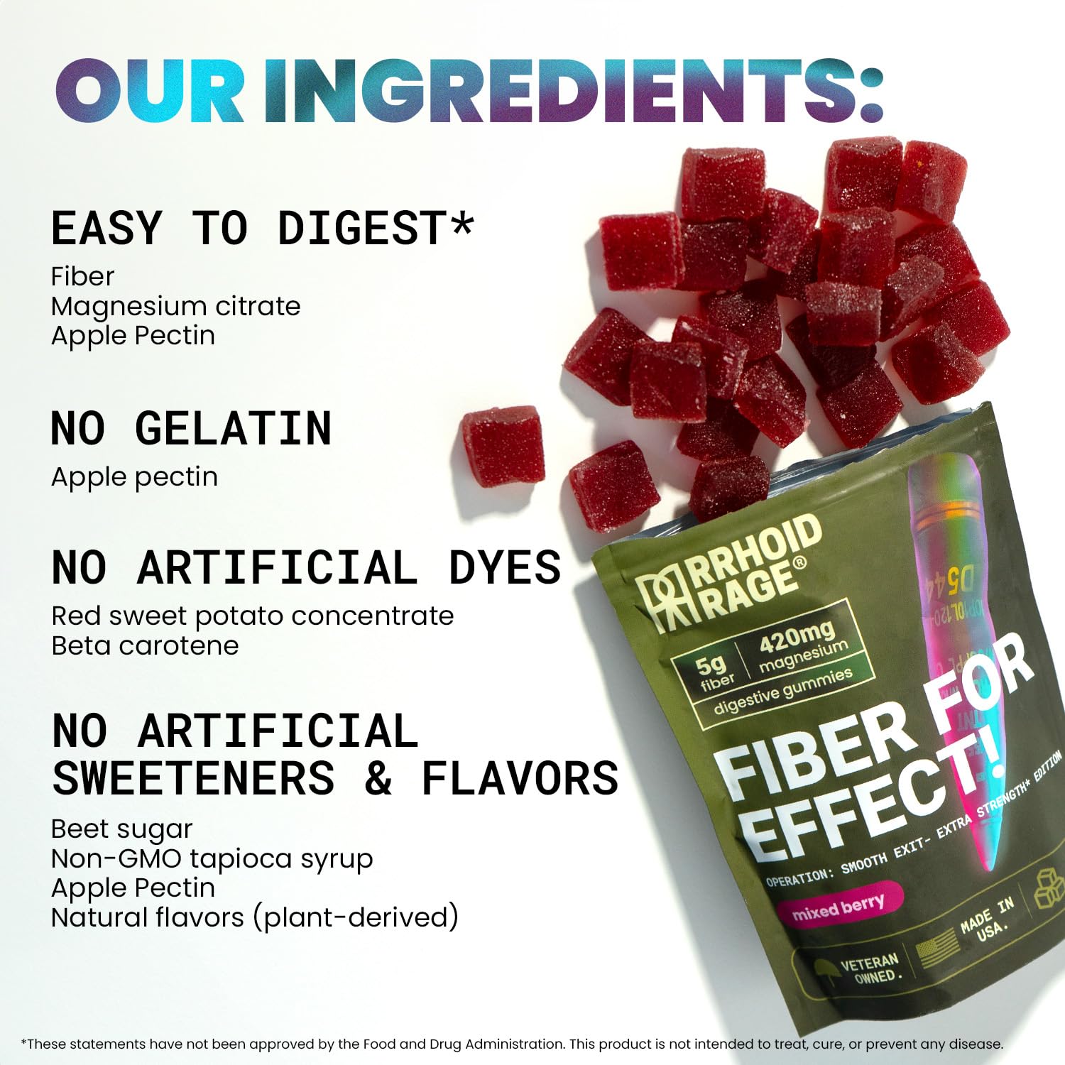 Rrhoid Rage gummies berry inside view highlights chewy texture for easy daily use