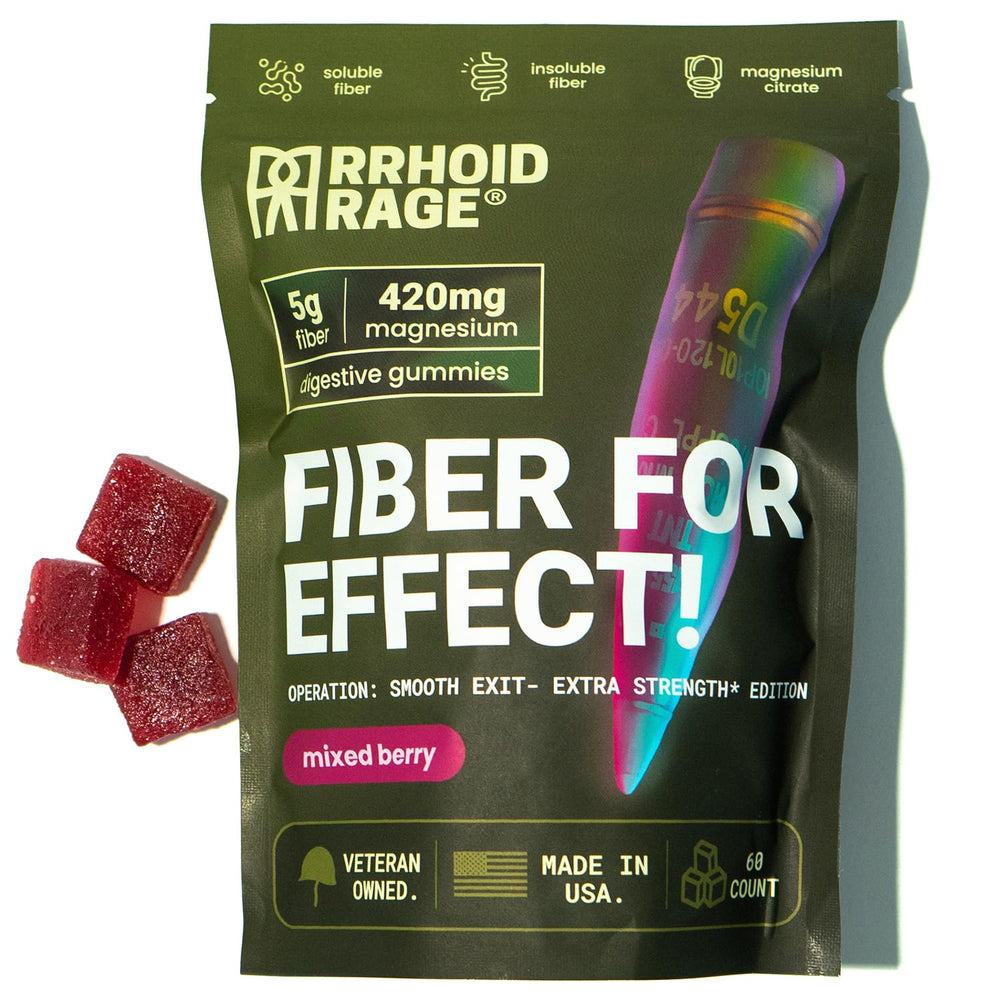 Rrhoid Rage fiber gummies bottle front with mixed berry flavor for daily gut support
