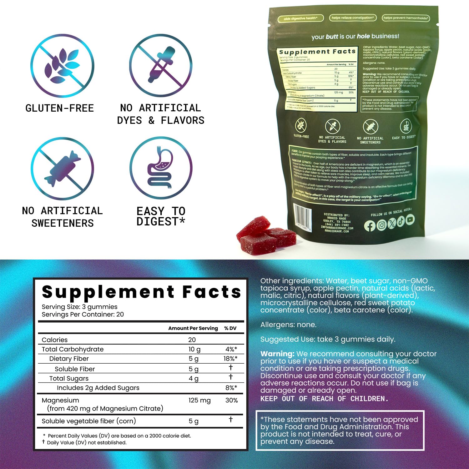 Rrhoid Rage fiber gummies nutrition facts panel highlights magnesium citrate and fiber benefits