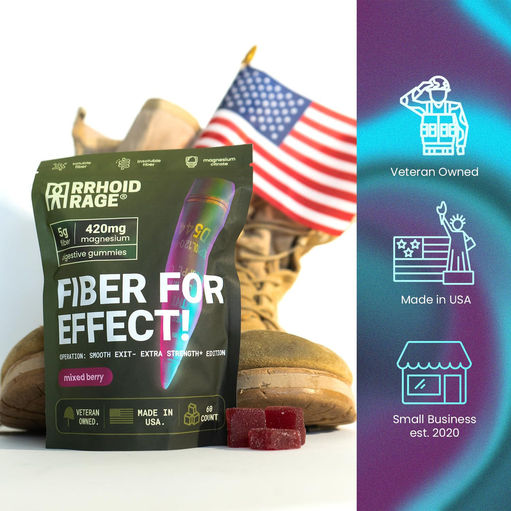 Rrhoid Rage USA-made bottle emphasizes veteran-owned brand dedication to clean nutrition
