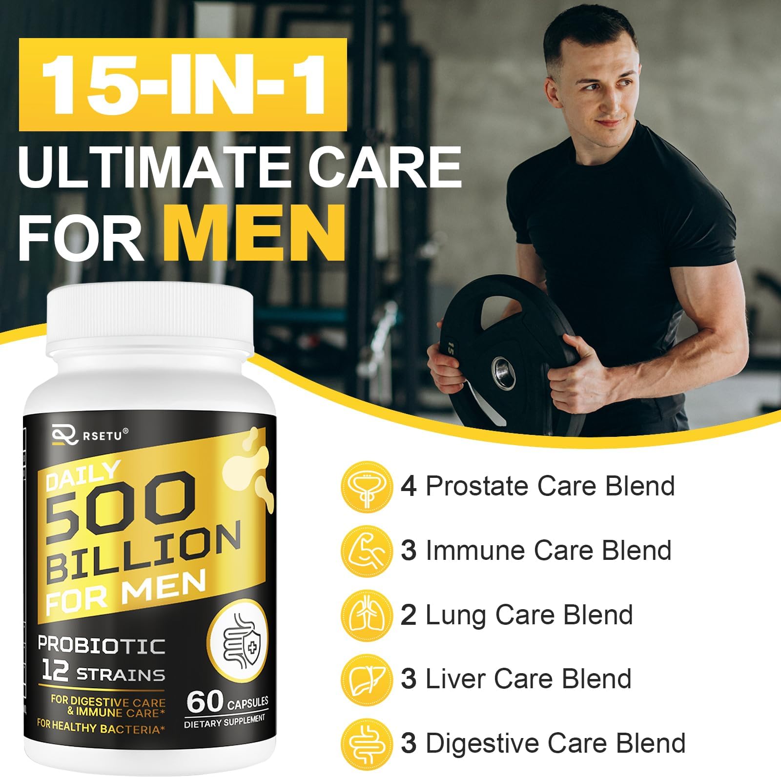 RSETU Probiotics for Men bottle on kitchen counter ready for daily use.