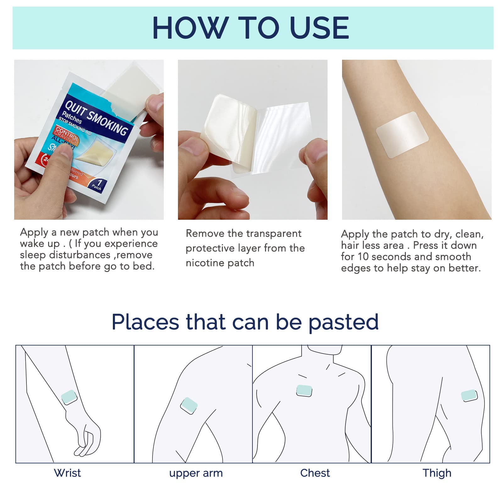 RSGRT Quit Smoking Patches application on dry skin for 24-hour continuous support.