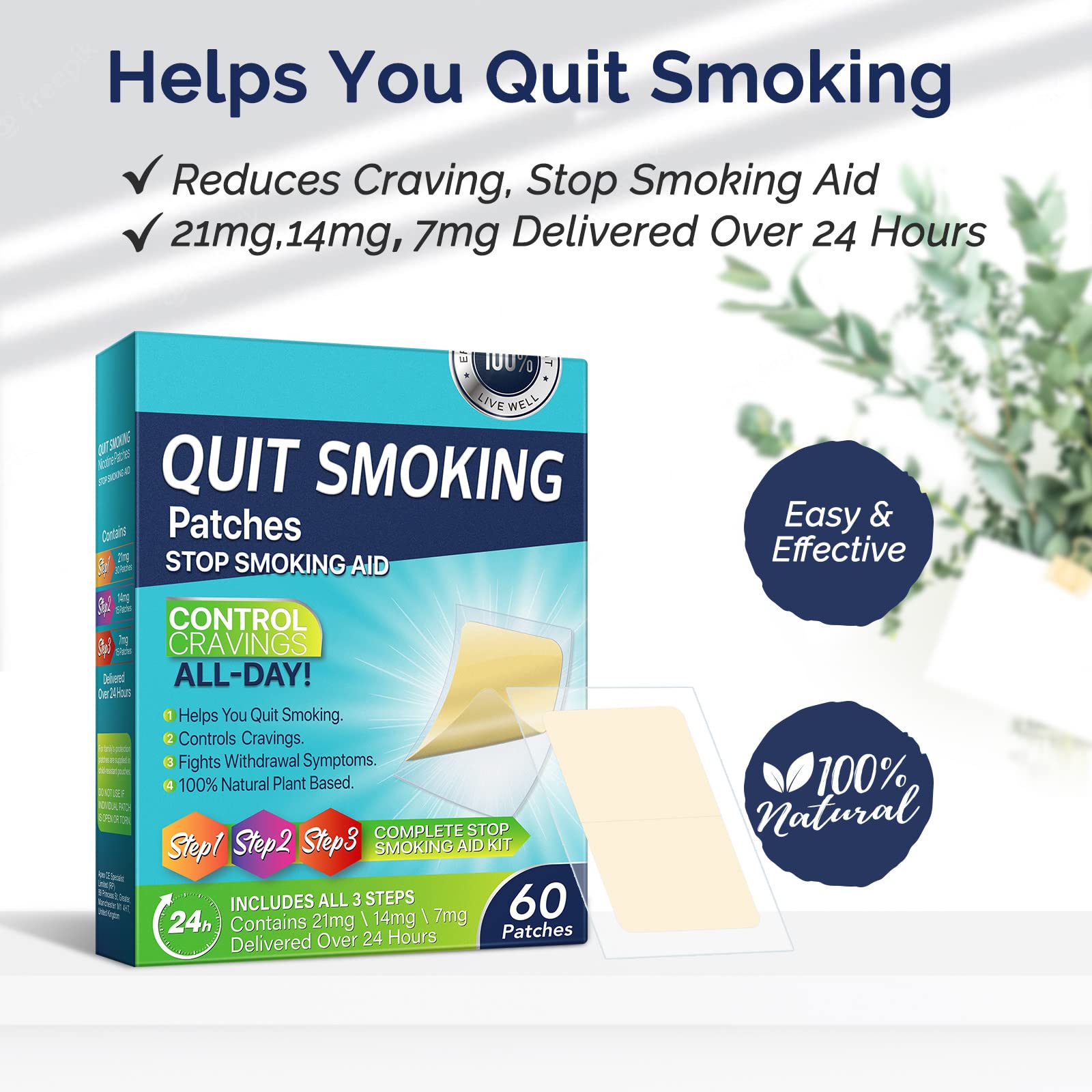 RSGRT Quit Smoking Patches Step 1 21mg applied to clean skin to curb cravings.