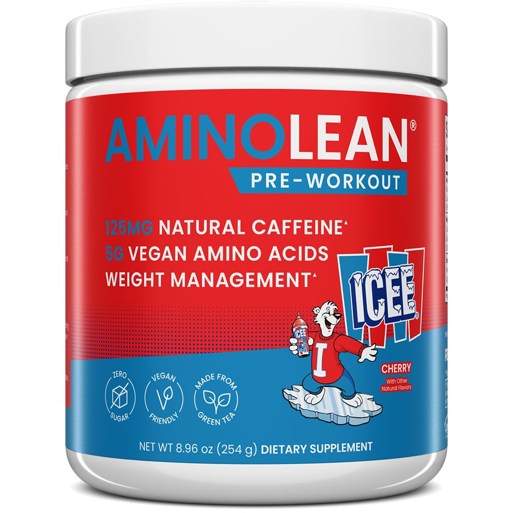 RSP NUTRITION AminoLean ICEE tub in cherry flavor showing a convenient workout energy option