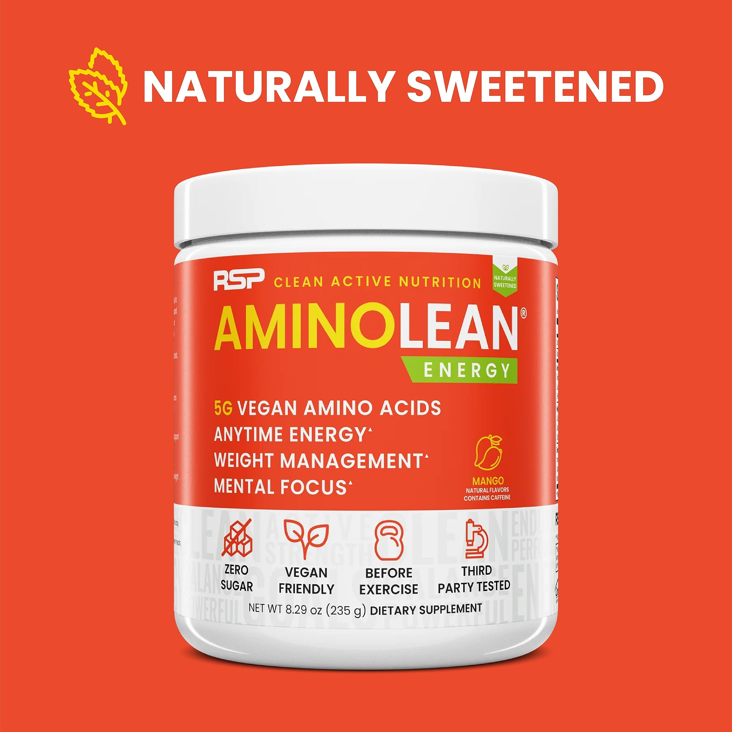 Measuring spoon beside AminoLean mango powder shows easy pre-workout prep