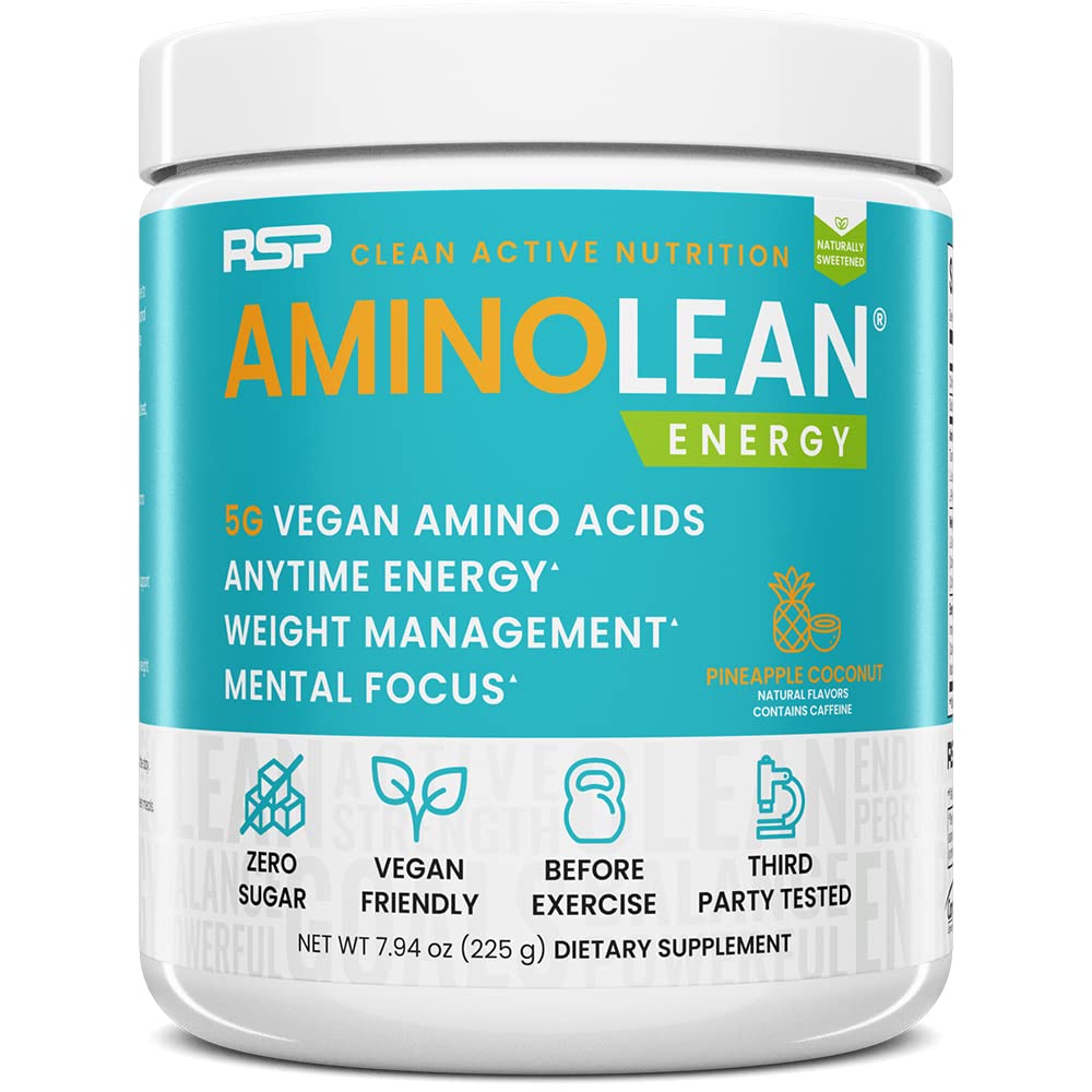 RSP Nutrition AminoLean pineapple coconut bottle ready for a natural pre-workout energy boost