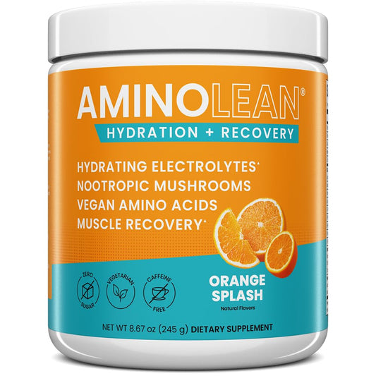 RSP NUTRITION AminoLean Recovery tub showing zero sugar hydration and electrolytes.