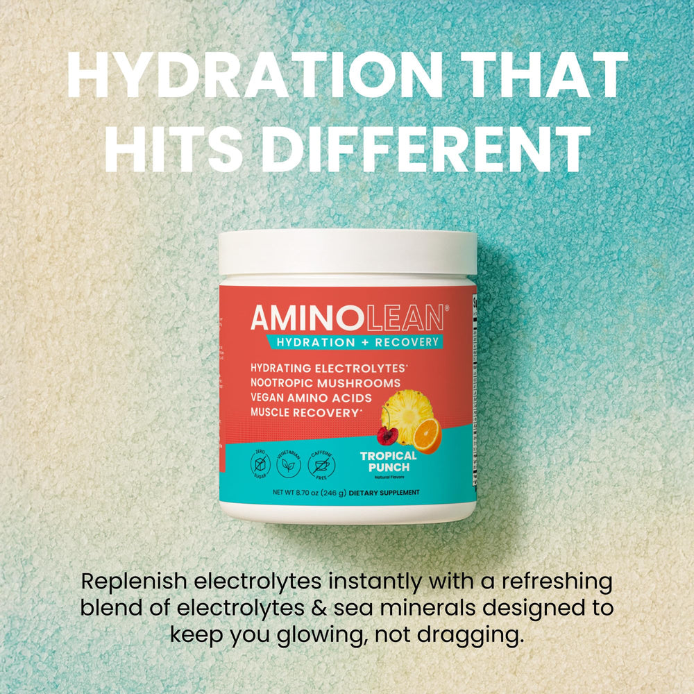 RSP NUTRITION AminoLean Recovery powder jar front display for clean electrolyte replenishment.