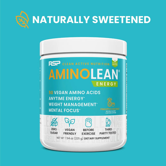 AminoLean powder scoop showing precise serving for sustained energy