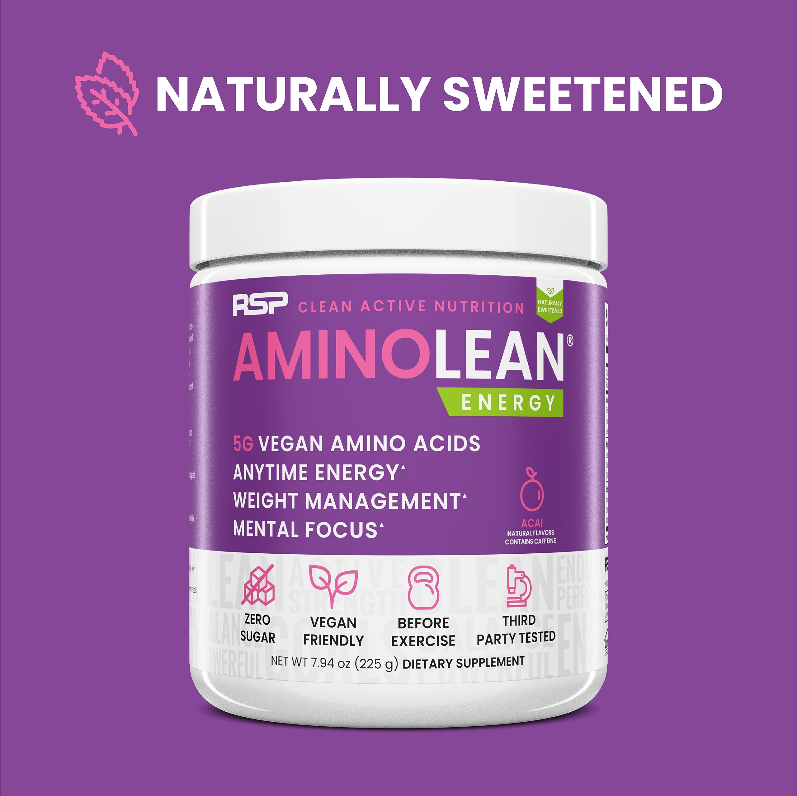 RSP NUTRITION AminoLean tub back shows vegan BCAAs and EAAs for balanced recovery