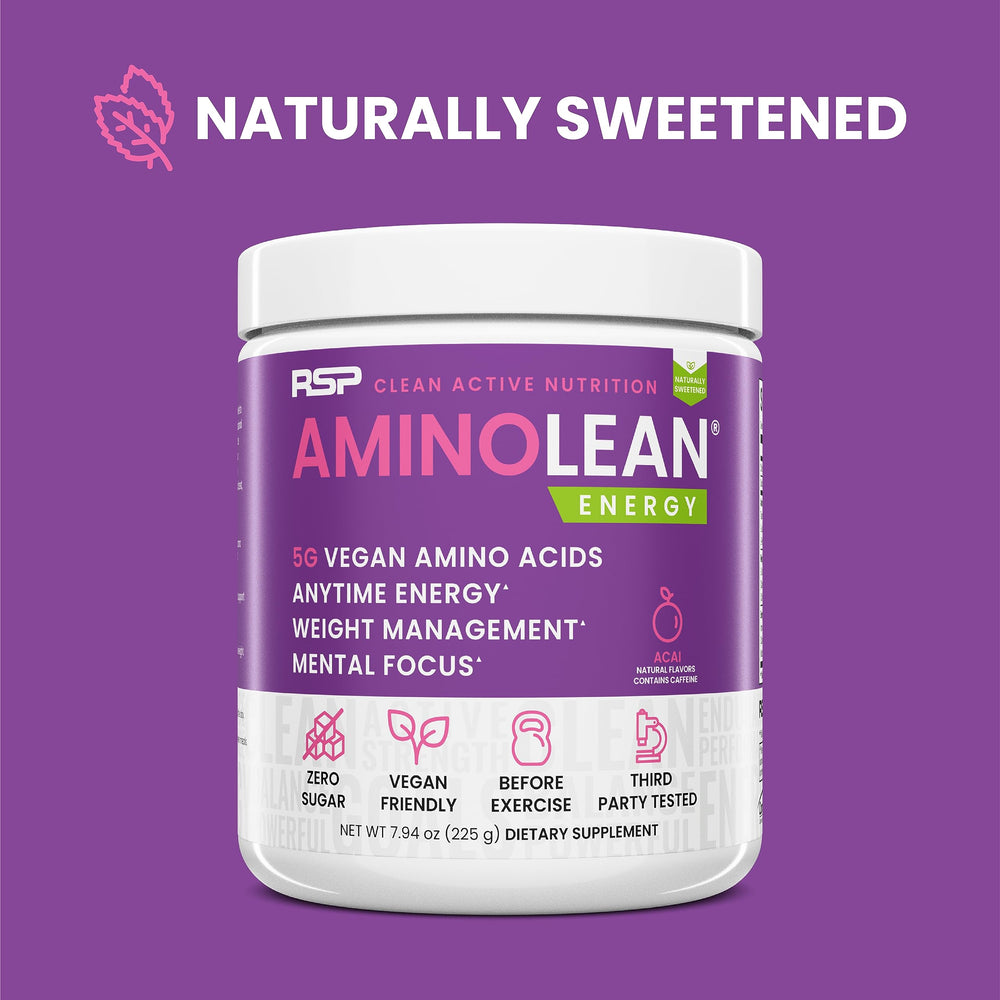 RSP NUTRITION AminoLean tub back shows vegan BCAAs and EAAs for balanced recovery