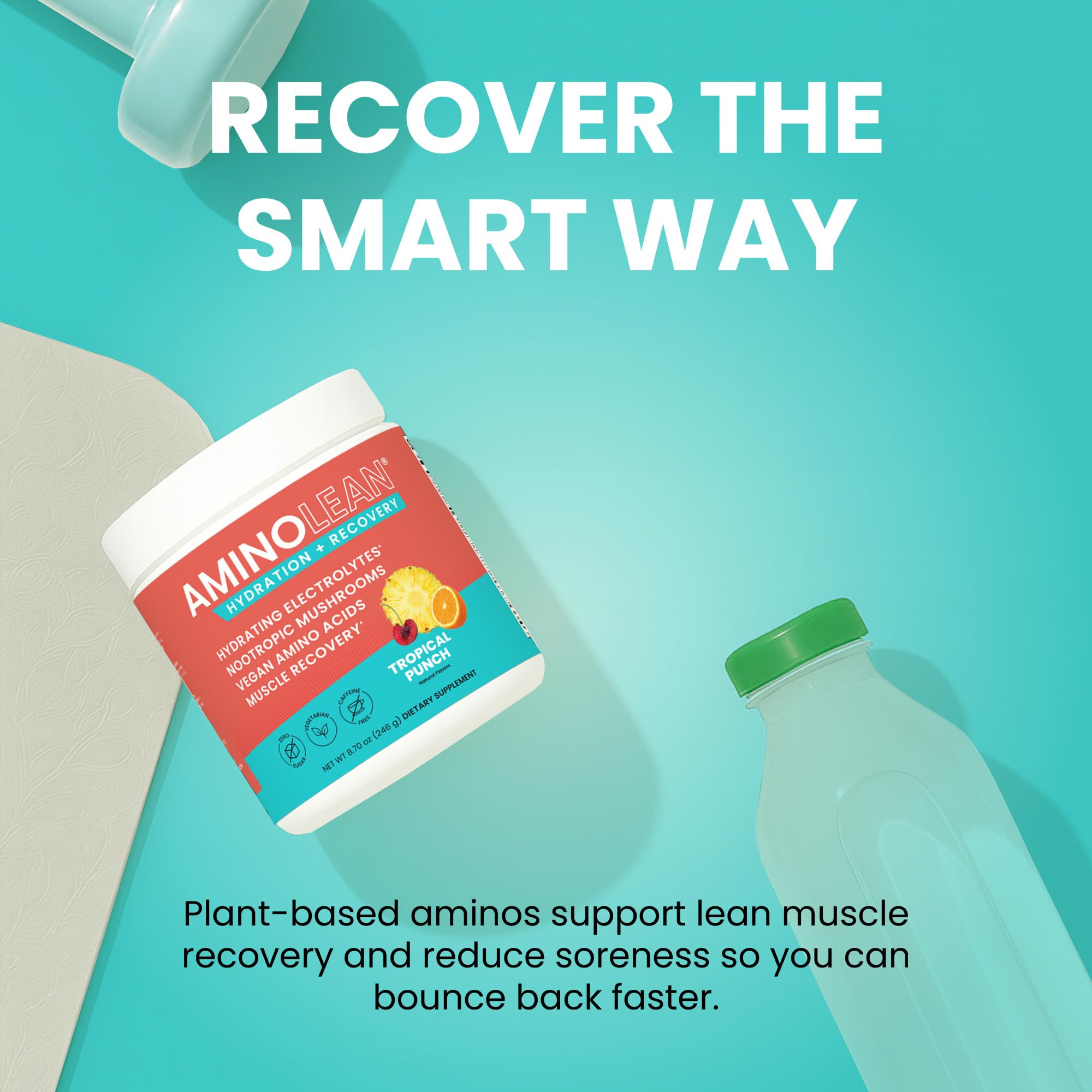 AminoLean vegan amino acids bottle emphasizes BCAA and EAAs for recovery.