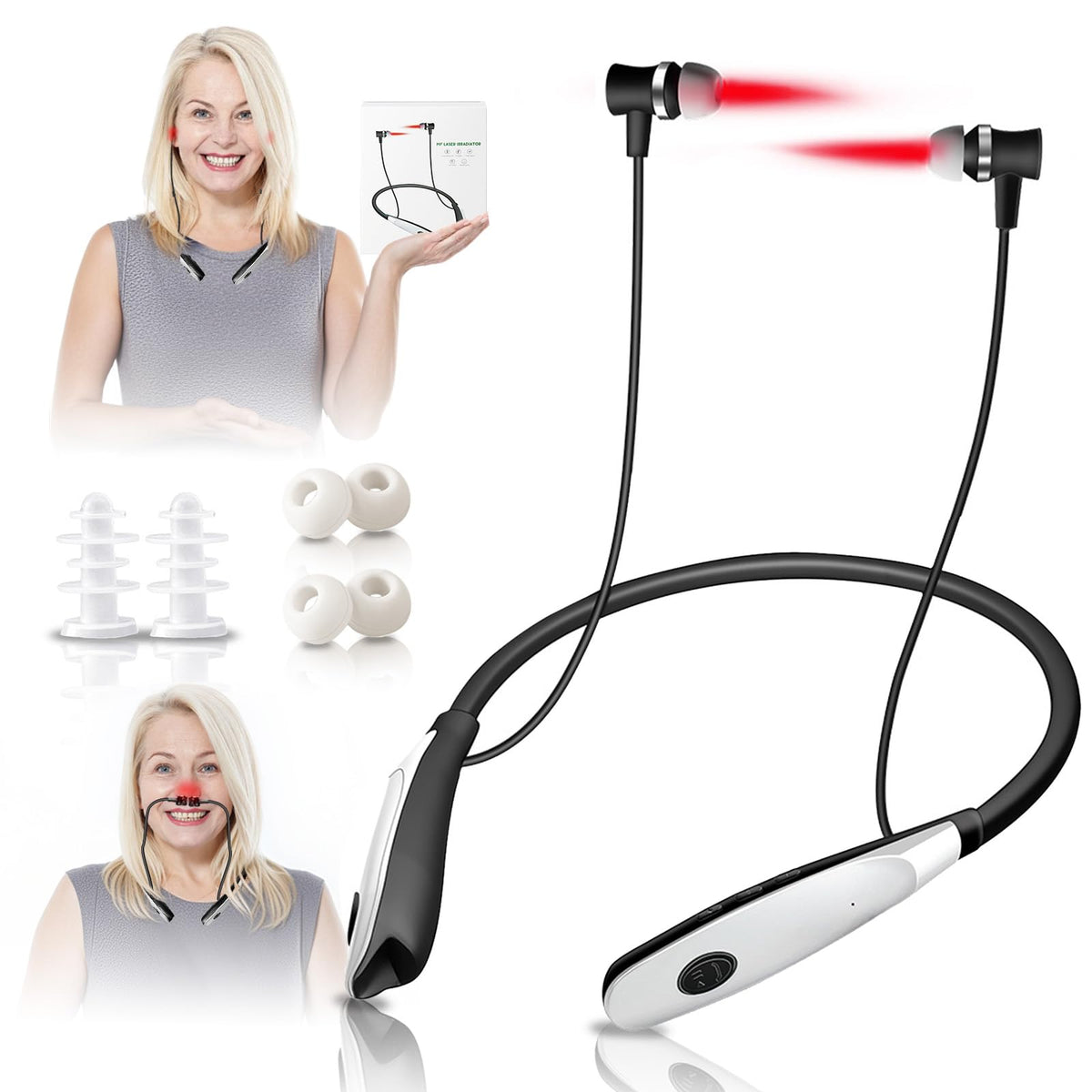 RTFLYKAY red light therapy ear device with silicone canal cover and nasal sleeve for at-home use.