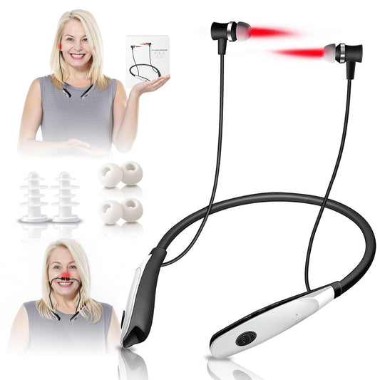 RTFLYKAY red light therapy ear device with silicone canal cover and nasal sleeve for at-home use.