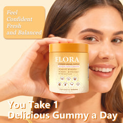 RTQSU Flora Plus Gummies bottle back label highlighting ingredients for pH balance support
