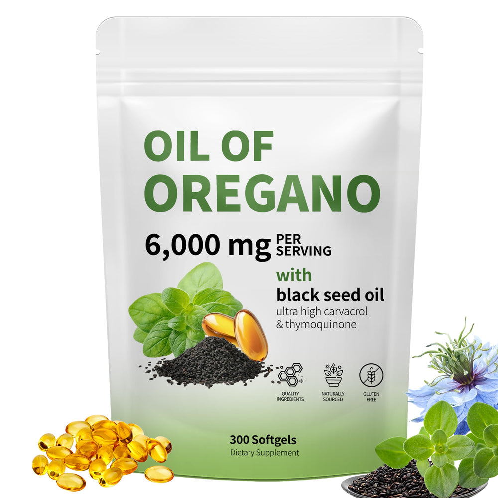 RTQSU Oil of Oregano bottle highlighting a potent oregano and black seed blend for immune support