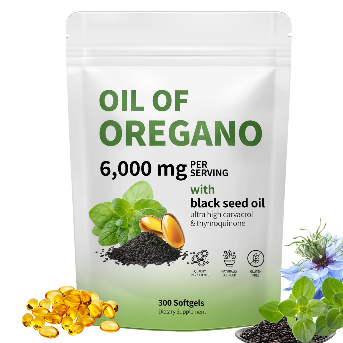 RTQSU Oil of Oregano bottle highlighting a potent oregano and black seed blend for immune support