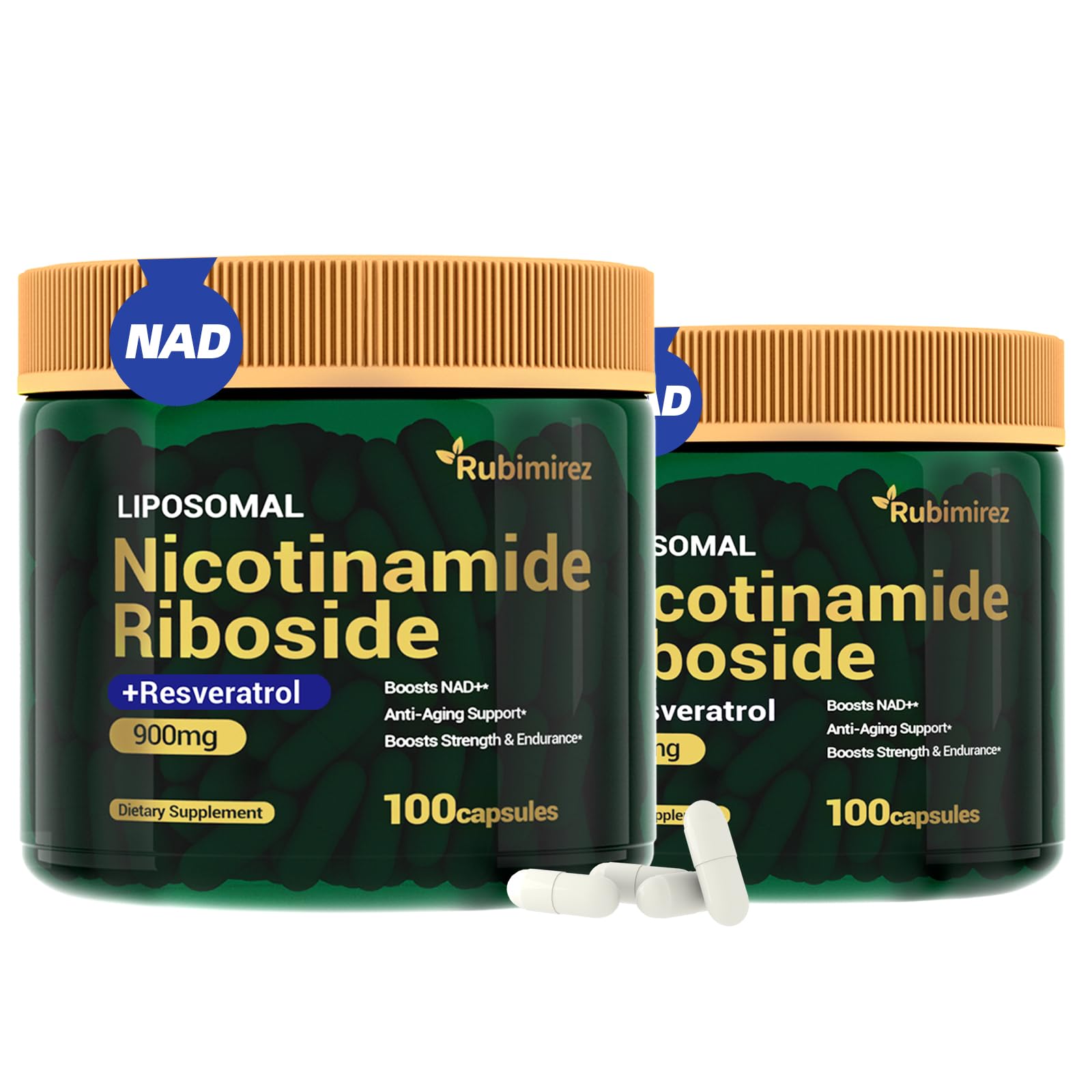 Rubimirez NAD+ bottle closeup highlighting liposomal delivery for enhanced absorption