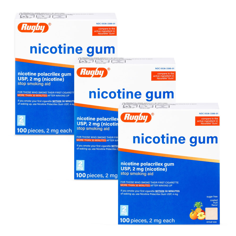 Rugby Laboratories Polacrilex 2mg gum packaging shows fruit flavor for craving relief.
