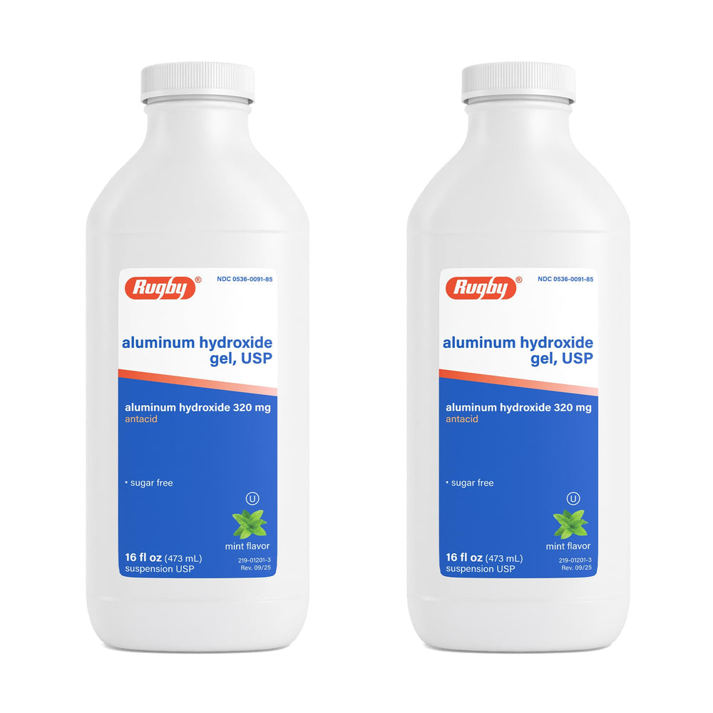Rugby Laboratories aluminum hydroxide gel bottle 16oz ready for on-the-go heartburn relief.