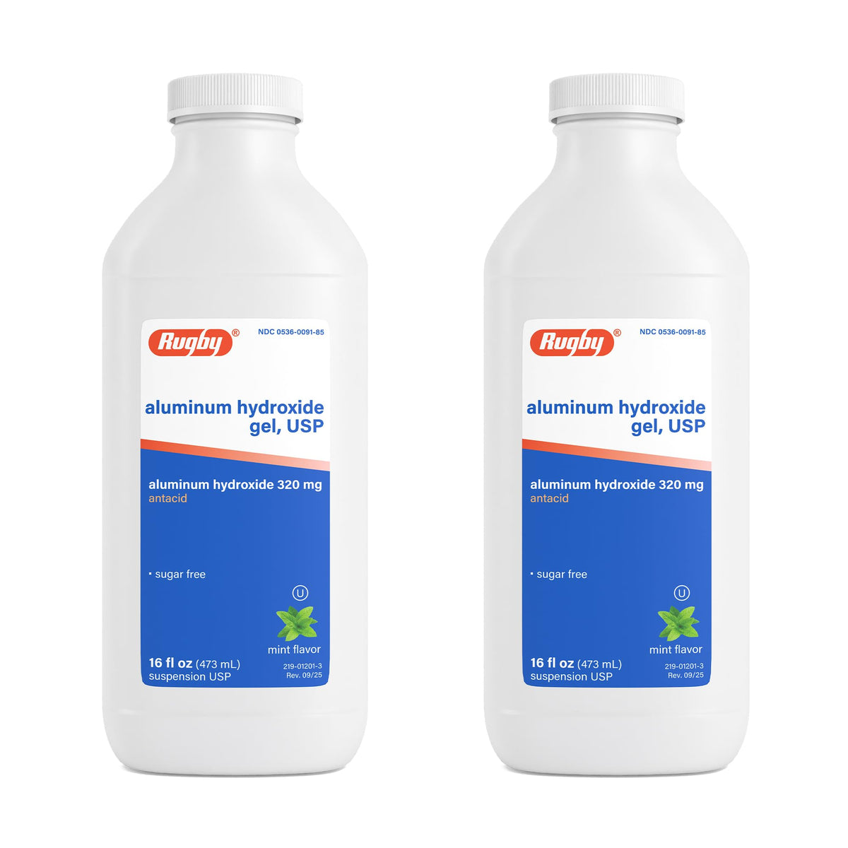 Rugby Laboratories aluminum hydroxide gel bottle 16oz ready for on-the-go heartburn relief.