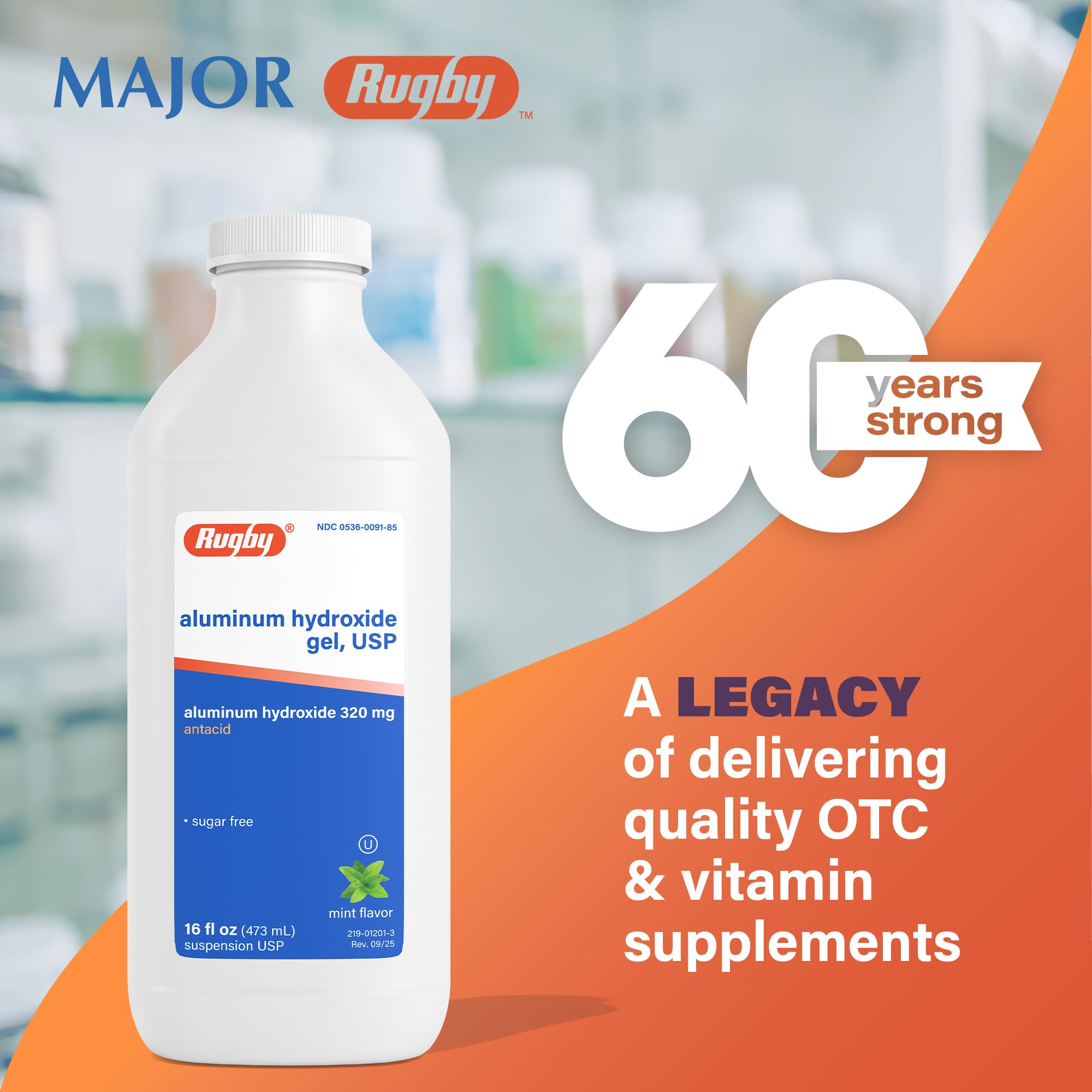 Rugby Laboratories aluminum hydroxide gel label front highlighting mint flavor and dosing.