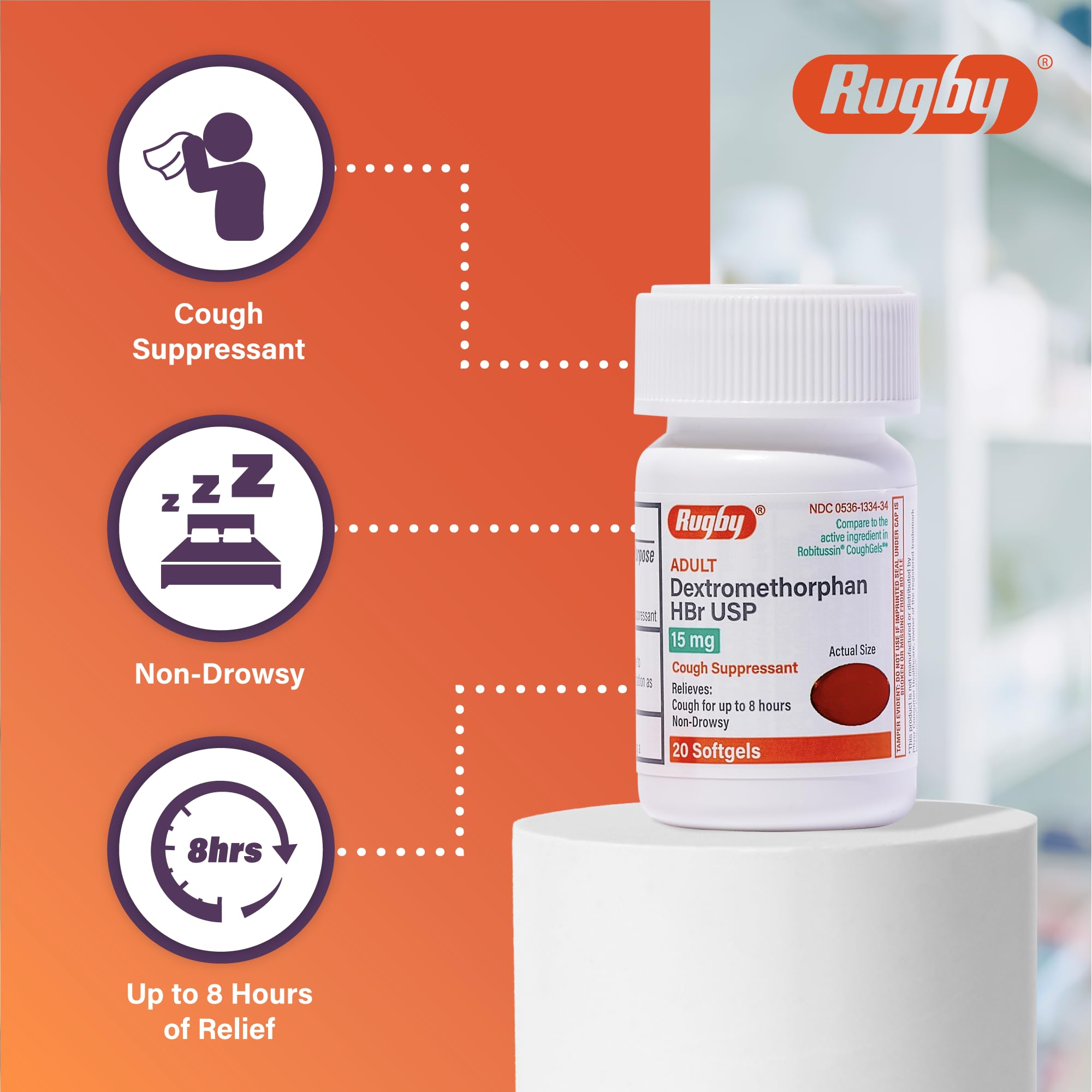 Rugby Laboratories Dextromethorphan HBr 15 mg label closeup