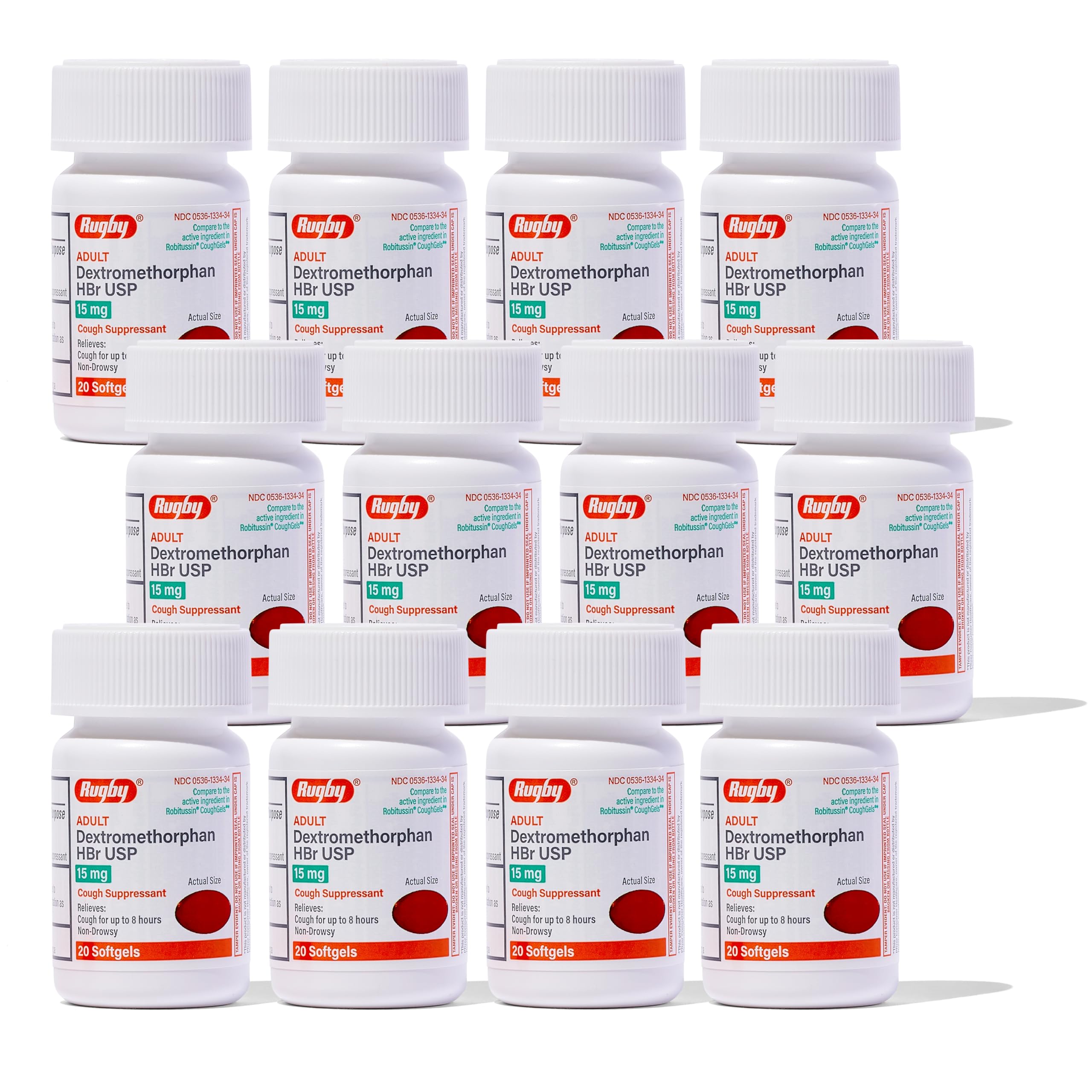 Rugby Laboratories Dextromethorphan HBr softgel bottle for non-drowsy daytime relief